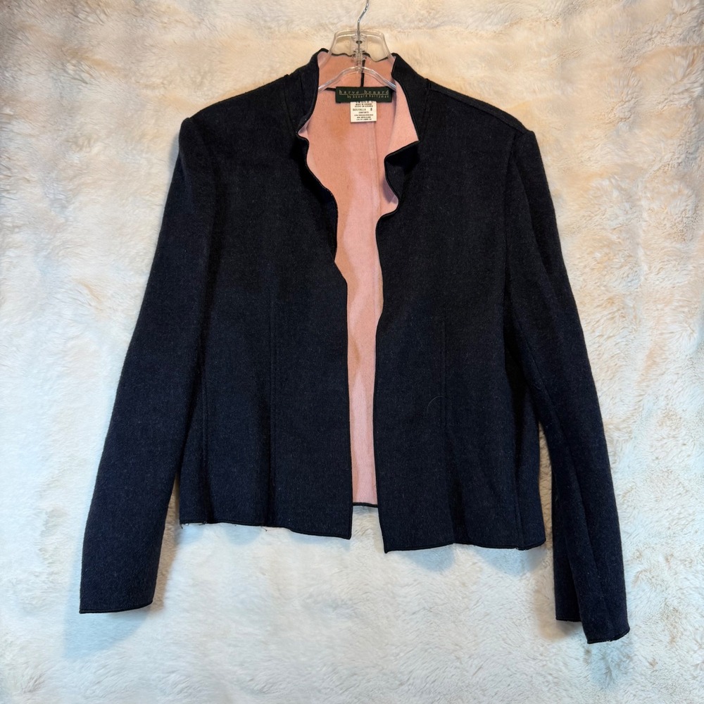 Harve Benard Wool Blend Open Front Jacket Grey‎ Pink Double Face Blazer Womens 8